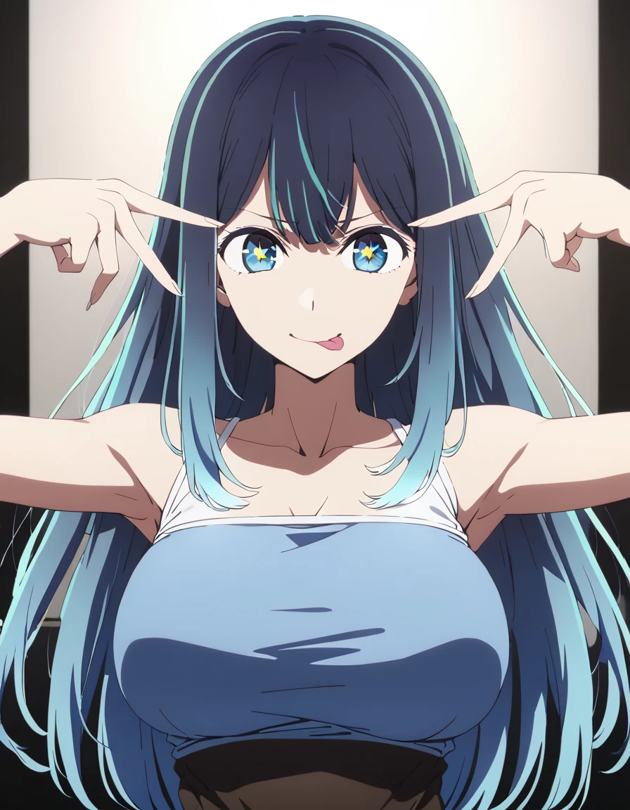  1 girl,

akane kurokawa, long hair, bangs, blue eyes, large breasts, black hair, blue hair, multicolored hair, gradient hair, (((Yellow star-shaped highlights in the eyes)))

blue tube top,  sleeveless, No shoulder,
Alone,Stage lighting,smile,
,   Please pull out your tongue ,double V ,  upper body,
  Masterpiece ,  best quality,  super detailed,  high definition ,4K,( ultra detail:1.4) (Illustration:0.5), ( ray tracing ,:0.8),( anime color :0.7),(AI-generated:0.2),