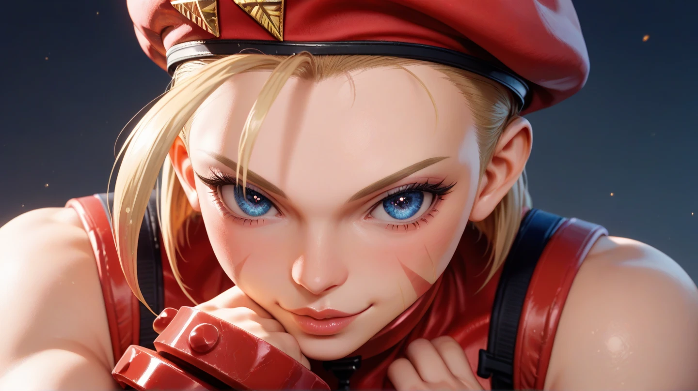 Cammy White detailed hair provocative posture detailed eyes seductive and attractive look with a cute smile classic Street Fighter 2 outfit 