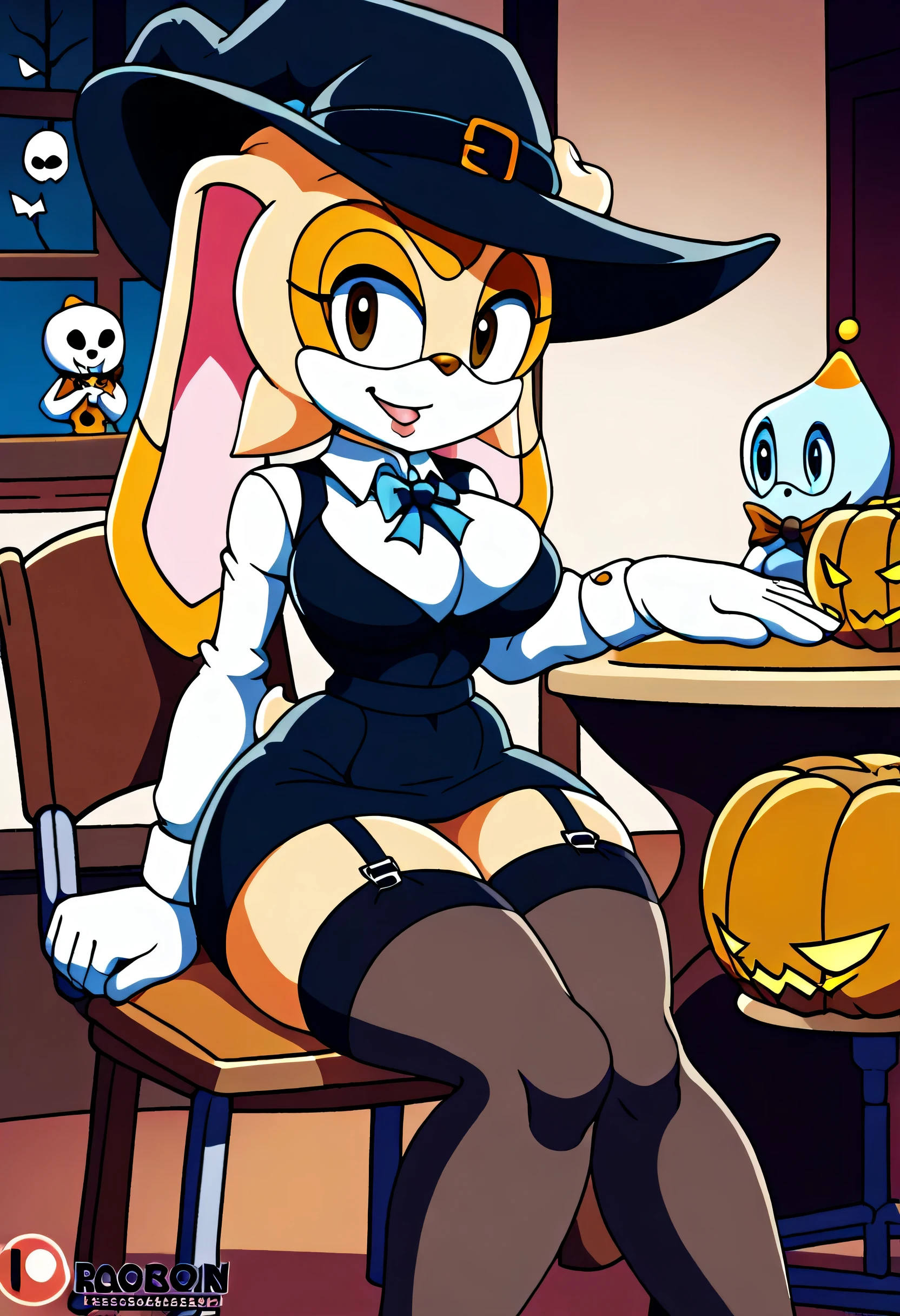 Cream the rabbit, school uniform,  black dress,  black stockings with garter belts ,  big breasts ,  big thighs, brown eyes,  witch's hat , room with halloween pumpkins , sitting on a wooden chair  ,in the background a haunted house,Evening 