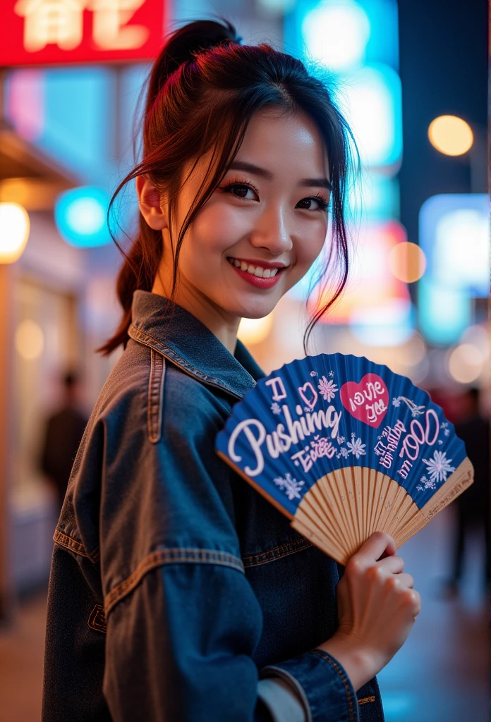 sukajan, professional photography, portrait of a Asian woman wearing sukajan and jeans, jacket, ponytail hair, gently smiling, beautiful makeup, she holding a fan with text "I Love You 3000", neon city in background, bokeh, depth of field 