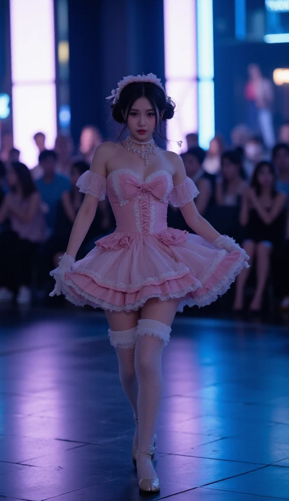 lolita,  A android robotic sex dolls perform in a dance floor, wearing mini lolita dress and accessorized