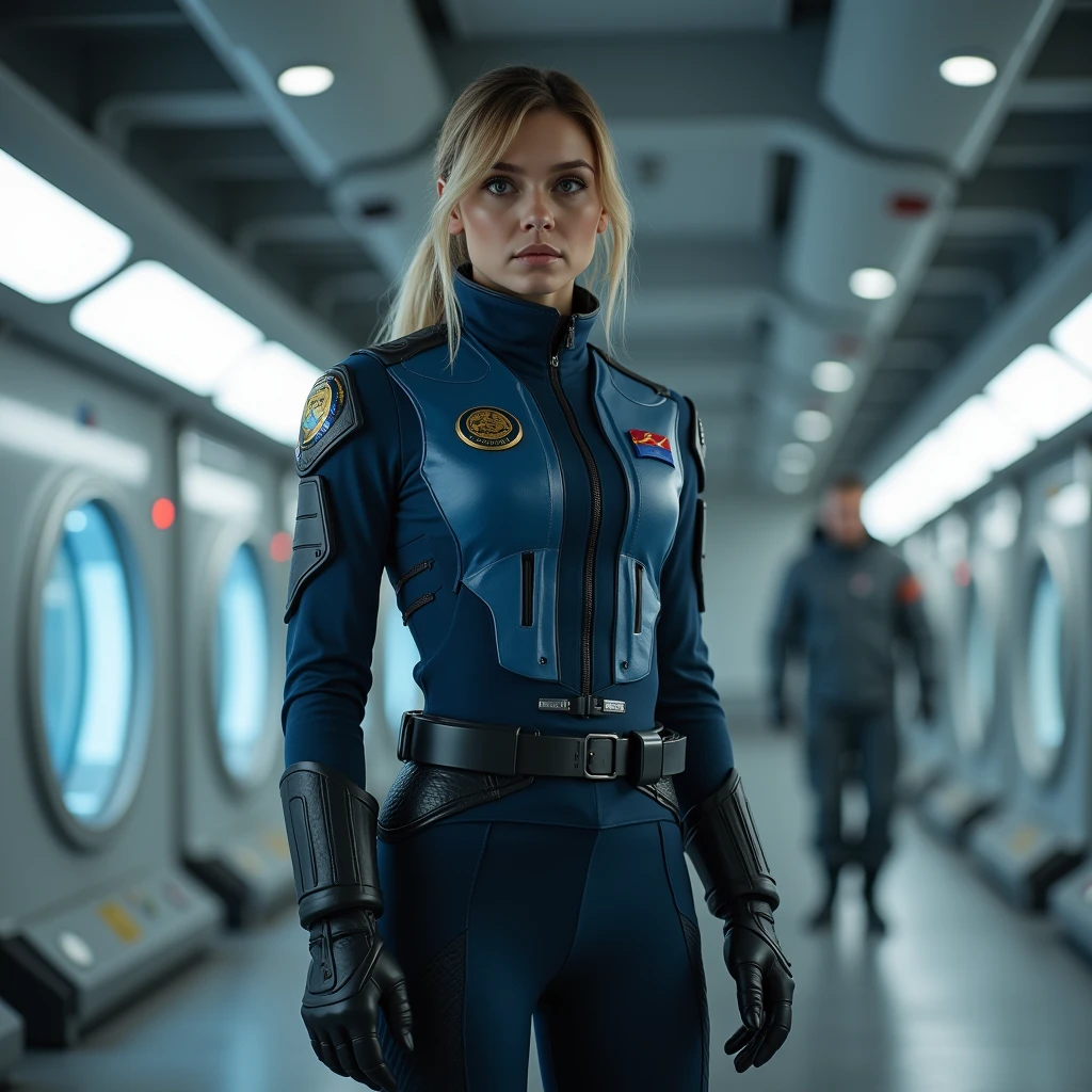 A full color portrait of a beautiful woman wearing a Futuristic military uniform, Starship Troopers movie set,full body,epic character composition,by ilya kuvshinov, alessio albi, nina masic,sharp focus, subsurface scattering, f2, 35mm, film grain <lora:amiraadara:1>