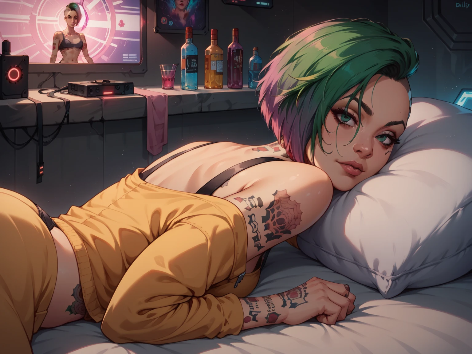 (( Judy Alvarez Cyberpunk 2077 , dimly illuminated surrounded by lots of holographic advertisements and pulsing laser beams, Beautiful face, futuristic atmosphere ,),  country accessories lie on the bed