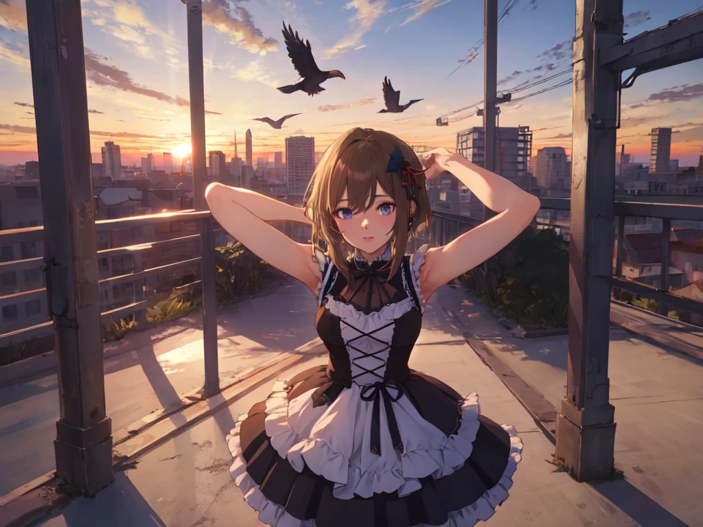 Solo, 1 Female, (Human Ear, Earring), (Arms Behind Head), (Anime Face), (Hair Accessory), (Pitch Black See-Through Dress, Ruffles, High Waist), (Sunset Sky, Sunset), (Evening Sky), (Focus on Breast, Bird's Eye View), (High Resolution, Masterpiece, Accurate, Anatomically Correct, Multiple Award Winning Condition, Top Quality, Detailed, High Quality Model, High Quality, Retina, Highly Detailed Condition), Textured Skin, Ultra High Resolution)