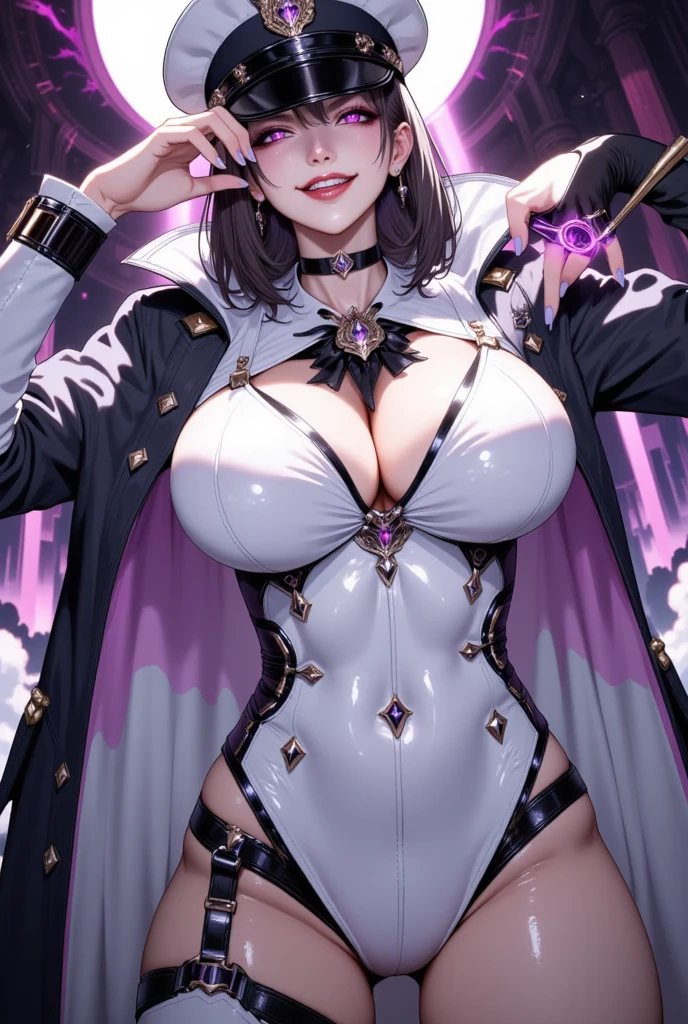   latex bodysuit for beautiful mature women  ,(  best quality,  very detailed depiction ,  unbelievably strange high definition ,  Beastly Sharp Teeth  ,Curvy Legs,Detailed Students, Ceramic Skin ,High quality anime drawings:2.0),(Female executive of an evil organization:2.3),(white latex military uniform  :1.5, white military uniform with intricate construction :2.0,  tight miniskirt pointing to the viewer:1.5, Military hat, Military cloak,Costume Mask,  leather knee-high boots ,  Long Grove  ,Leather Choker,White tights),  eyeshadow ,(Glowing purple eyes,Crazy Eyes:2.0, half closed :2.0,  Big Breasts , wicked smile:2.3,Shiny purple lips,Shadowy Face, enchanting gesture ,  have a whip in their hands:2.0),whole body,  Open mouth , from below:2.0