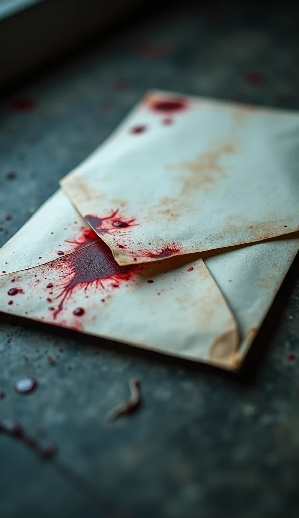 Generate a blue envelope letter on top of a table with blood