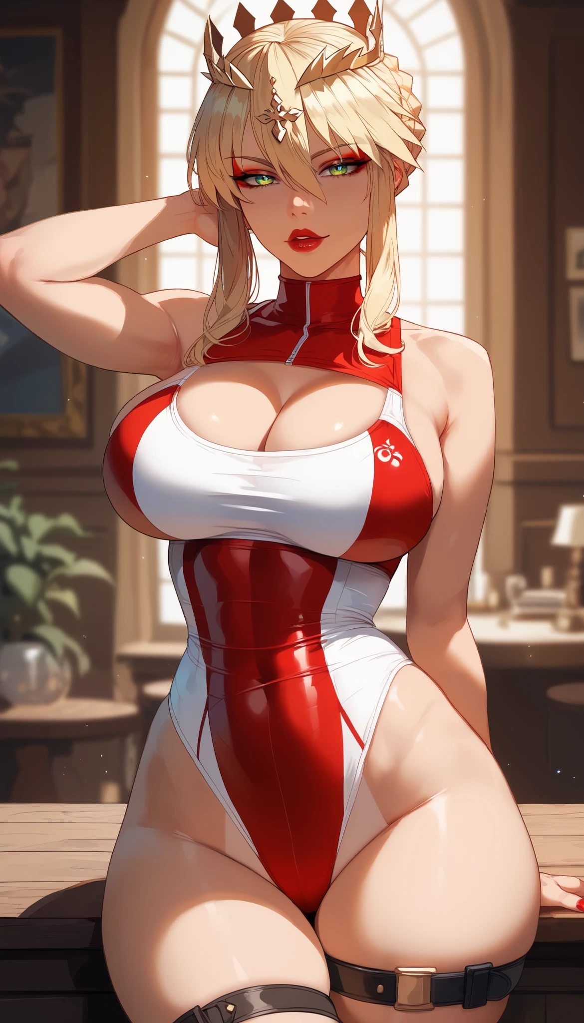 A masterpiece, a masterpiece, extremely detailed.
A woman wearing a tight full-body latex suit. A white latex suit that tightens your body. BDSM. Huge breasts:1.4 and big buttocks:1.4 are emphasized. Protruding nipples. Crotch crack. Iron shackles on wrists and ankles. She has long silver hair, bright red lips, and smiles with an obscene expression. nsfw