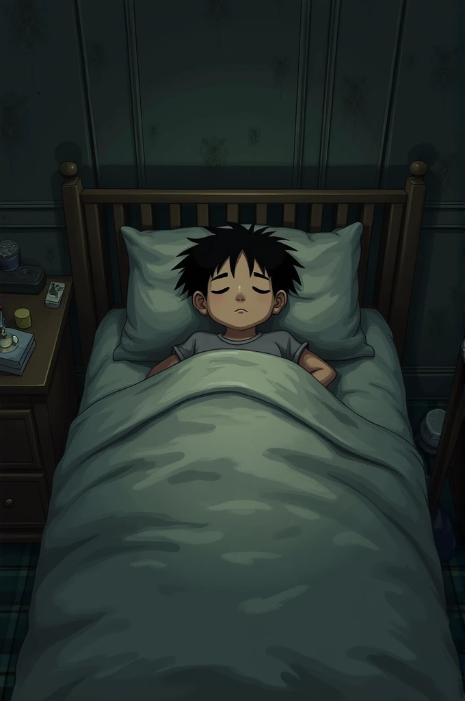 (((anime style, cel shaded, a young boy lying on a bed with the bed being surrounded by bars))), vulnerability, soft rumpled sheets, dimly lit room, tension, shadows playing across the scene, (((partially clothed in a baggy onesie))), expression of discomfort or anxiety, simple surroundings with soft lighting, focus on the person and situation, detailed and cinematic