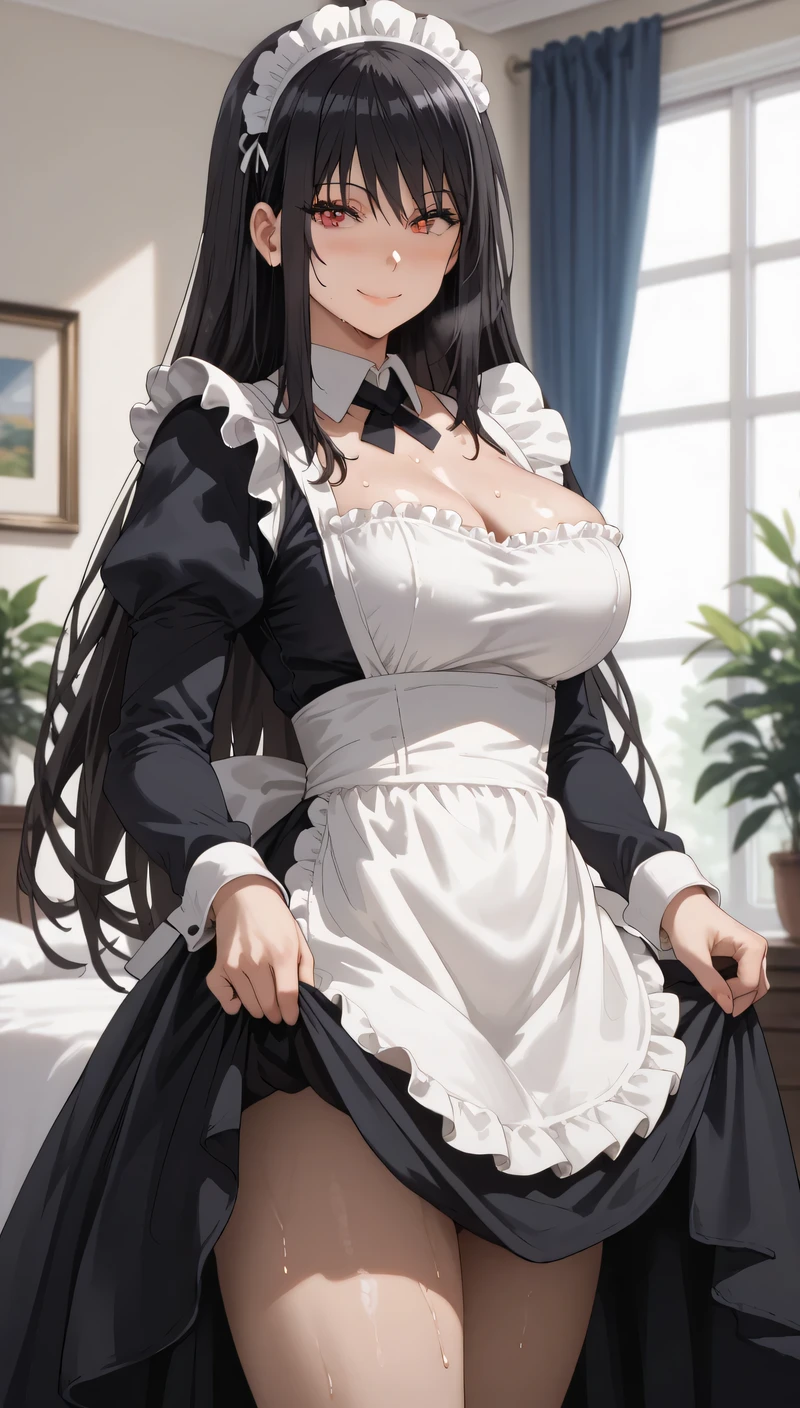 Source anime, Tall girl, Fit girl,score_9, score_8_up, score_7_up, score_6_up, uncensored, claire kagenou, long hair, black hair, red eyes, huge breast,  thicc thighs, maid, maid_headdress, apron, long_sleeves, dress, maid_apron, standing, looking_at_viewer, black_dress, black_footwear, frills, smile, blush, heavy, sweaty, 1girl, Lifting up a low skirt,