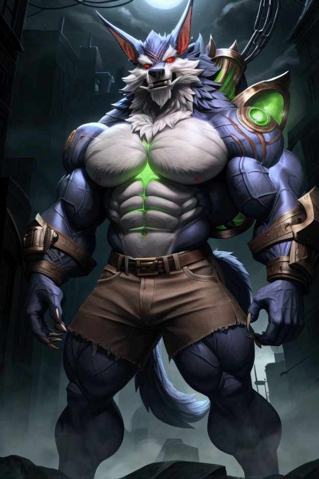 Alone, 1 lobo, Male wolf tail , 5 fingers, black nails, metallic right hand nails,  FULL BODY SHOWING , (warwick lol), bodybuilder,  detailed muscles ,  defined muscles , Thick muscles,  large upper muscles,  large lower muscles , 2,34 tall, 215kg of weight ,  brown denim shorts ,  red eyes, white pupil,  detailed eyes, detailed teeth, confident pose, pose sexy,  looking at the viewer , confident look, spectator wearing a ripped , 88 tall ,  Arcane City background at night, take the key,  a bit of mysterious fog , 4K,  good resolution ,  perfect anatomy,  great quality , masterpiece,  good lighting , imposing shadows, front focus