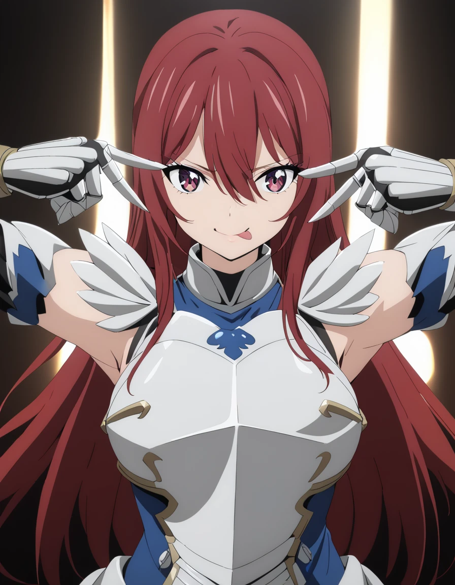   1 girl,

 erza scarlet, long hair, red hair, hair between eyes, brown eyes, large breasts,
armor, hair over one eye, tattoo, shoulder armor, skirt, breastplate, gauntlets, blue skirt,

Alone,Stage lighting,smile,
,   stick out tongue  ,double V  ,   upper body,
    Masterpiece  ,   best quality,   super detailed,  It's high definition  ,4K,(  ultra detail:1.4) (Illustration:0.5), (  ray tracing  ,:0.8),(   as anime color  :0.7),(AI-generated:0.2),