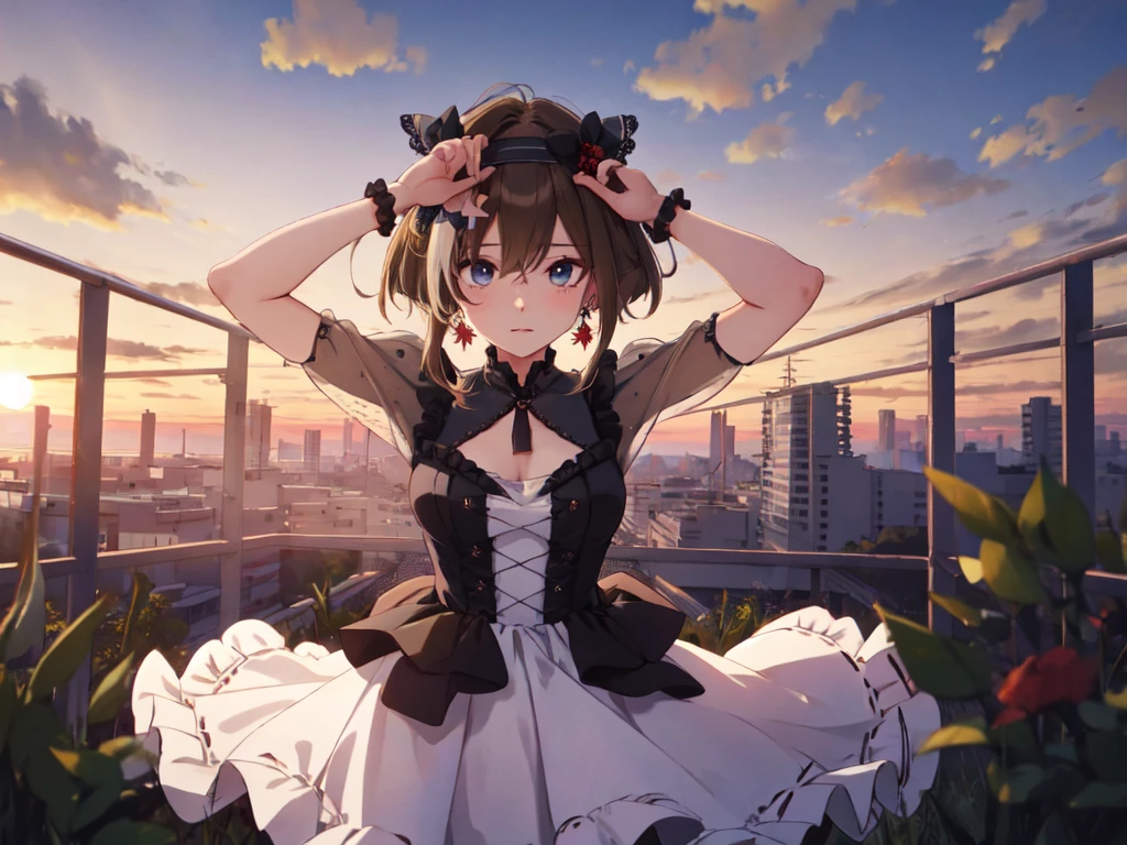 Solo, 1 Female, (Human Ear, Earring), (Arms Behind Head), (Anime Face), (Hair Accessory), (Pitch Black See-Through Dress, Pitch Black Ruffles, Pitch Black High Waist), (Sunset Sky, Sunset), (Evening Sky), (Focus on Breast, Bird's Eye View), (High Resolution, Masterpiece, Accurate, Anatomically Correct, Multiple Award Winning Condition, Top Quality, Detailed, High Quality Model, High Quality, Retina, Highly Detailed Condition), Textured Skin, Ultra High Resolution)