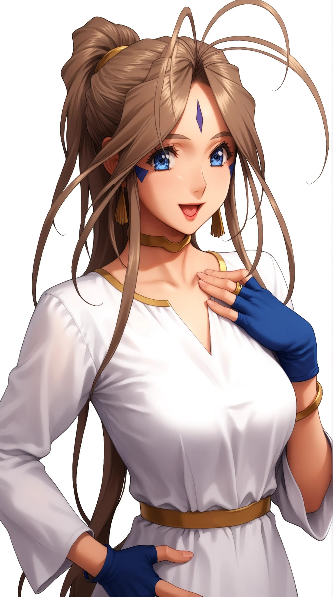 sfw, 1goddess, solo, (priestess, priestess short-neck dress), (short-neck), long sleeves, ((Blue-Trimmed-Dresses, Blue-Trim-clothes)), shiny, shiny white skin, (closed front clothes:1.6), calm smile, open mouth, open palm, right_hand on hip, left_hand on chest, (full bust:1.5, glamorous, Curvy body, Slim waist), 
BREAK, Lovebell-SDXL, Belldandy, long ponytail, brown hair, blue eyes, gold choker, ((fingerless-Blue-short-gloves:1.5)), bracelet, earring, wedding_silver_ring on lefthand_ringfinger, gold anklet, (elegant mature woman), safety, tranquility, 
BREAK, simple background, transparent background, 
BREAK, (masterpiece:1.2), (best quality), (ultra detailed), (realistic), portrait, dramatic lighting, ((sharp focus, sharp detail)), 4k, score_9, score_8_up, score_7_up, score_anime, detailed eyes, detailed eyelashes, extremely detailed face, sharp detailed lips, detailed hand, 
BREAK, cowboy shot, standing, dynamic angle, 