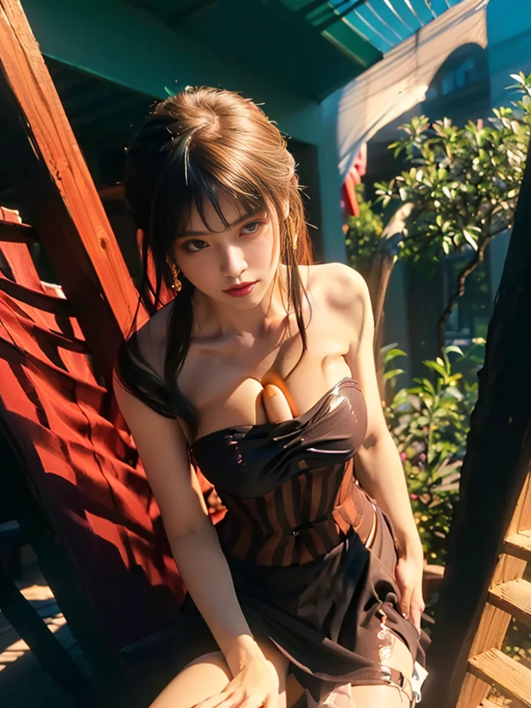 Top Quality, Masterpiece, Ultra High Definition, (Photorealistic: 1.4), Raw photo, Cowboy shot, Charming smiling girl playing electric guitar on live stage, (dynamic pors), Short hair, Red gradient hair, Asymmetrical bangs, Bob cut Bob cut, Cross Petit pendant necklace, Earrings, White punk rock costume, Colorful live lighting, Spotlight