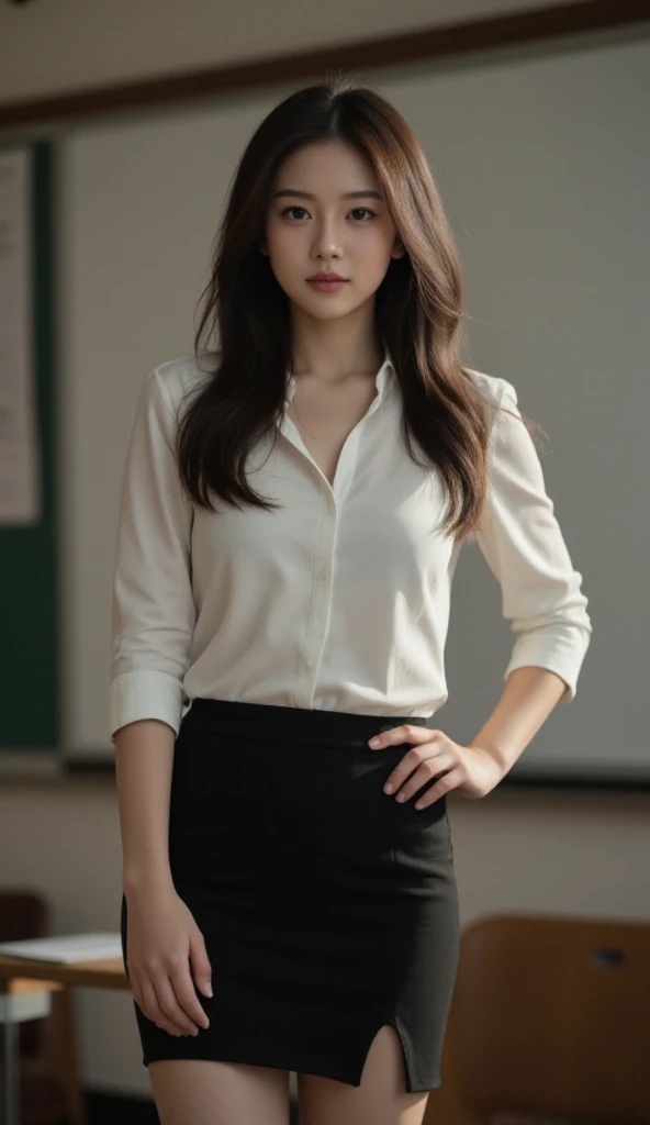 A young teacher woman with huge breasts stands confidently in the classroom, her elegantly bob cut styled hair a focal point amidst the soft glow of dramatic lighting. The camera captures her full figure, from the gleaming white blouse to the fitted pencil miniskirt, as she faces directly at the viewer with an air of authority. Flowy long hair cascades down her back like a dark waterfall, while the background remains softly focused, allowing her stunning features and intricate details to take center stage.