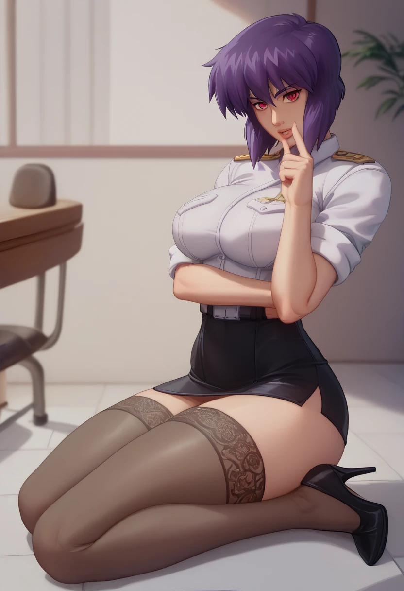 ( best quality、 detailed images、Beautiful images、 official images 、8k)、(Near future、Night Inn )、(( beautiful skin in NFSW))、( model body type、Purple Hair、Red eyes、 Shortcut Hair、 Big Breasts 、Ergonomic body、 Ergonomic Finger Shape 、 toned body、 Tight Slim Thighs )、(Half an eye、Closed)、(Brown military uniform、 Business Skirt、Black silk stockings 、 high heels)、( sit on a chair、 cross your arms)、(Motoko Kusanagi)