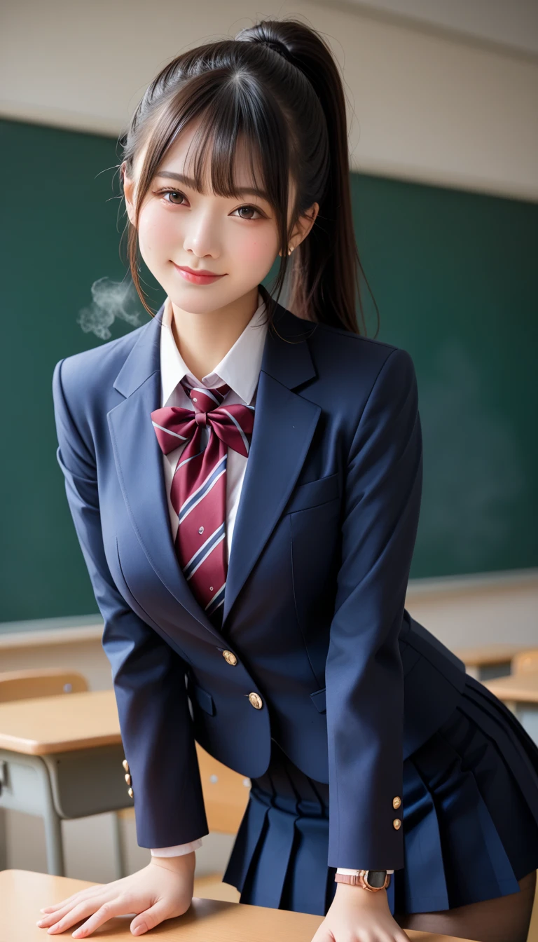  score_9,  score_8_up,  score_7_up, super detailed,  BREAK Complete Anatomy  , 32K,  Masterpiece ,  best quality, super high definition ,  beautiful face and eye details flooded into the classroom,  beautiful Japanese woman  ,  black hair,  ponytail,smile,steam,  school uniform,  blazer,  modern style fitted jacket that makes you lean forward when you run into the classroom,short skirt and tights, Turn your hands backwards, Big Breasts ,  leaning forward when rushing into the classroom,the above,upper body,  watch viewers,town