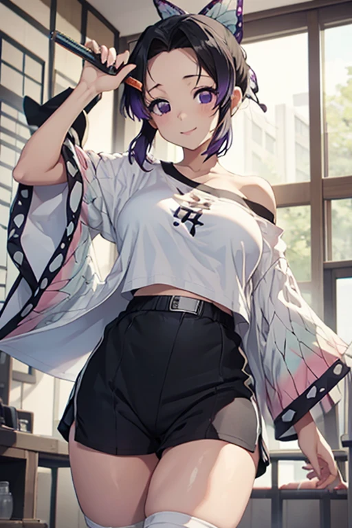 kochou shinobu, Road bike, Cycling Shorts, whole body, boost mood, Ultra-realistic 8K CG,masterpiece, Underbust exposure, ((Highly detailed background,Delicate pattern,Intricate details, Fine and beautiful eyes)),The best quality in the best condition,とてもとてもとても詳細なface, Highly detailed eyesとface,Highly detailed eyes,kochou shinobu,Multicolored Hair,No bangs,Hair Intake,white track and field uniform, Purple eyes,Haori,butterfly,band,(熱band庭園:1.2),Purple Flower,mostly cloudy null,Tyndall effect,slope_null,face,beautiful null,,Seductive posture,(Cleavage:1.3), woman,15 years old,Road bike,bank,No underwear, Small breasts,cute, (((Cycling Shorts))),,Laughing with your mouth open, ((Sweat))(See through),((bicycle)),((Black Hair)),blush,((Recall))(Sweatで濡れた)Reflecting the buttocks,bicycleのスパッツ, Mountain