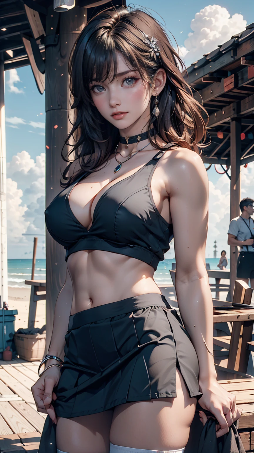 realistic, 1 women, best quality, 12k, HD, long hair, big round breasts, cleavage, ponytail, necklace, jewelry, shorts, short jacket, slim hips, hair tie, yellow eyes, black hair, super detailed, Eye details, hair details, person details, mouth details, face details, breast details, clothes details, hair details, pants details, hand details, whole body