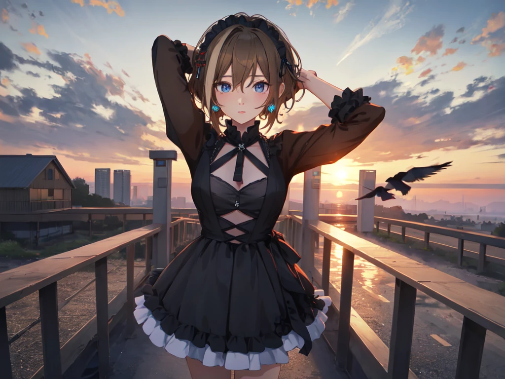 Solo, 1 Female, (Human Ear, Earring), (Arms Behind Head), (Anime Face), (Hair Accessory), (Black Torso, Pitch Black See-Through Dress, Pitch Black Ruffles, Pitch Black High Waist), (Sunset Sky, Sunset), Evening Sky), (Focus on Breast, Bird's Eye View), (High Resolution, Masterpiece, Accurate, Anatomically Correct, Multiple Award Winning Condition, Top Quality, Detailed, High Quality Model, High Quality, Retina, Highly Detailed Condition), Textured Skin, Ultra High Resolution)