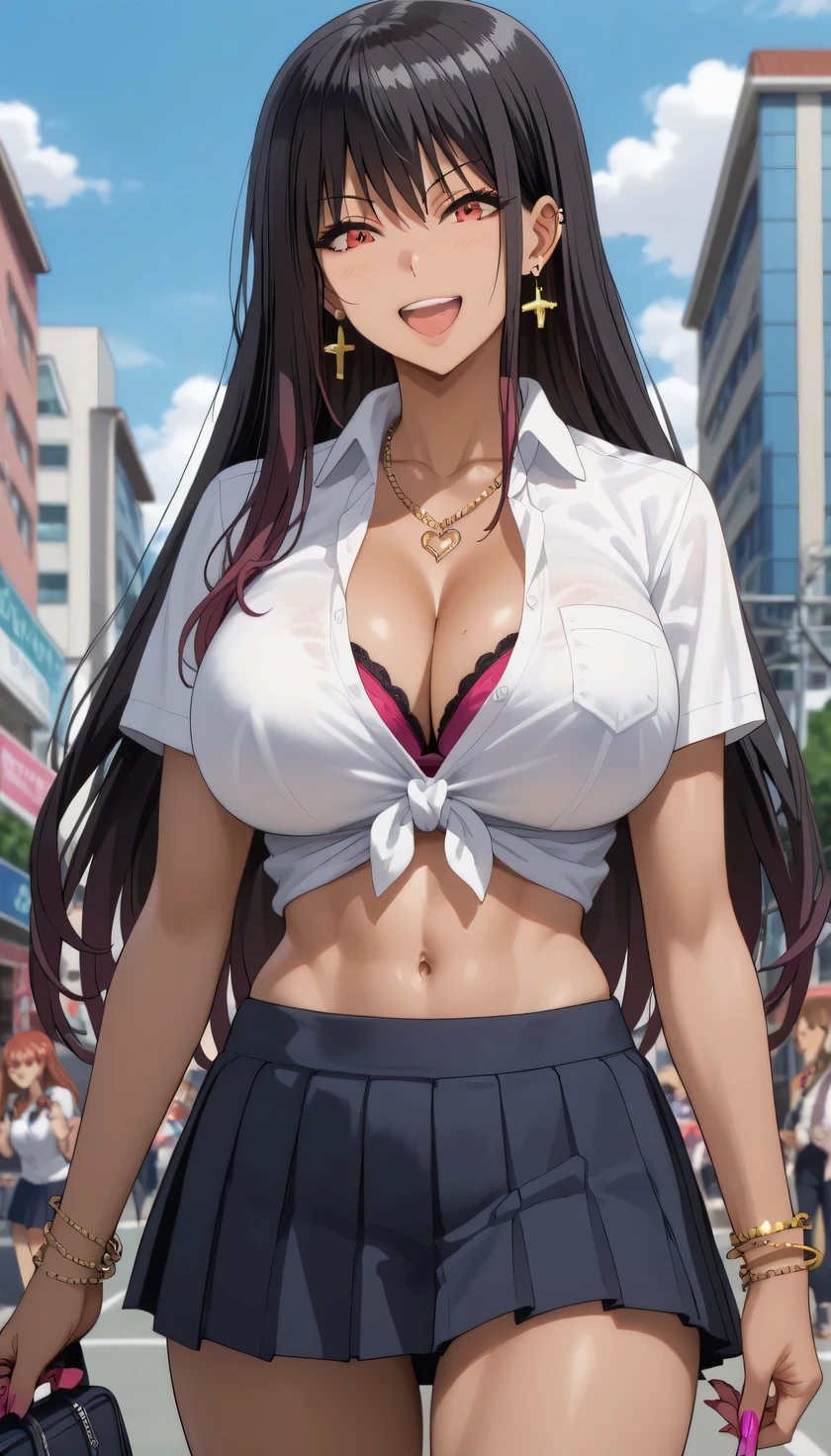 Source anime, Tall girl, Fit girl,score_9, score_8_up, score_7_up, score_6_up, uncensored, claire kagenou, long hair, black hair, red eyes, huge breast,, collared shirt, tied shirt, pleated skirt, flashy gyaru, happy, showy,too many accessories, colorful , kogal, kogal gyaru, necklace, earrings, bracelet, navel, midriff,