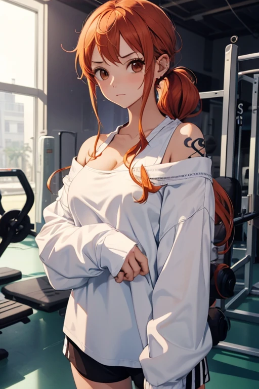 nami, white shirt, off-shoulder shirt, long sleeves, baggy sleeves, large sleeves, oversized sleeves, large breasts, cute, black gym shorts, super short gym shorts, dolphin shorts, low ponytail, cute