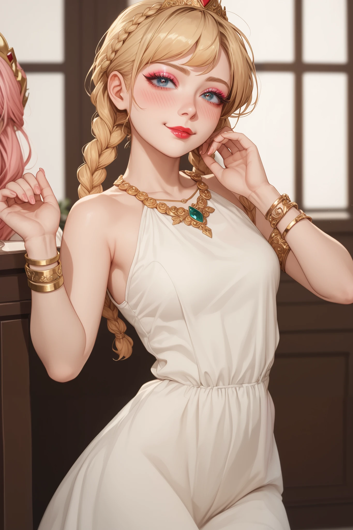 1woman, pretty face, gorgeous eyes, strawberry-blonde, crown braids, loose dress, light pink blush, blonde adult, 30-years old woman, shy smirk, shy eyes, has a crush on you, golden irises, golden bracelets, sleek golden armlets, light pale matte lipstick, light eyeshadow, light eyeliner, eyelashes, delicate body, delicate frame, perfect skin, perfect complexion, perfect make-up