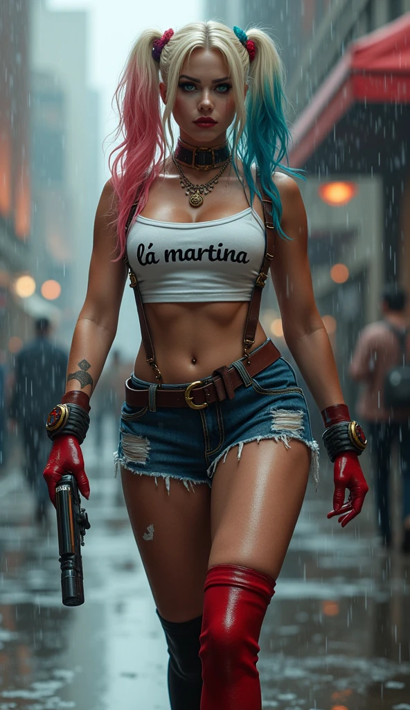 a girl in a baseball cap, off the shoulder, cleavage, belt, bikini, shorts, fighting pose, battle pose, full body overview, fullbody shot, standing, (best quality,4k,8k,highres,masterpiece:1.2),ultra-detailed,(realistic,photorealistic,photo-realistic:1.37),illustration,vivid colors