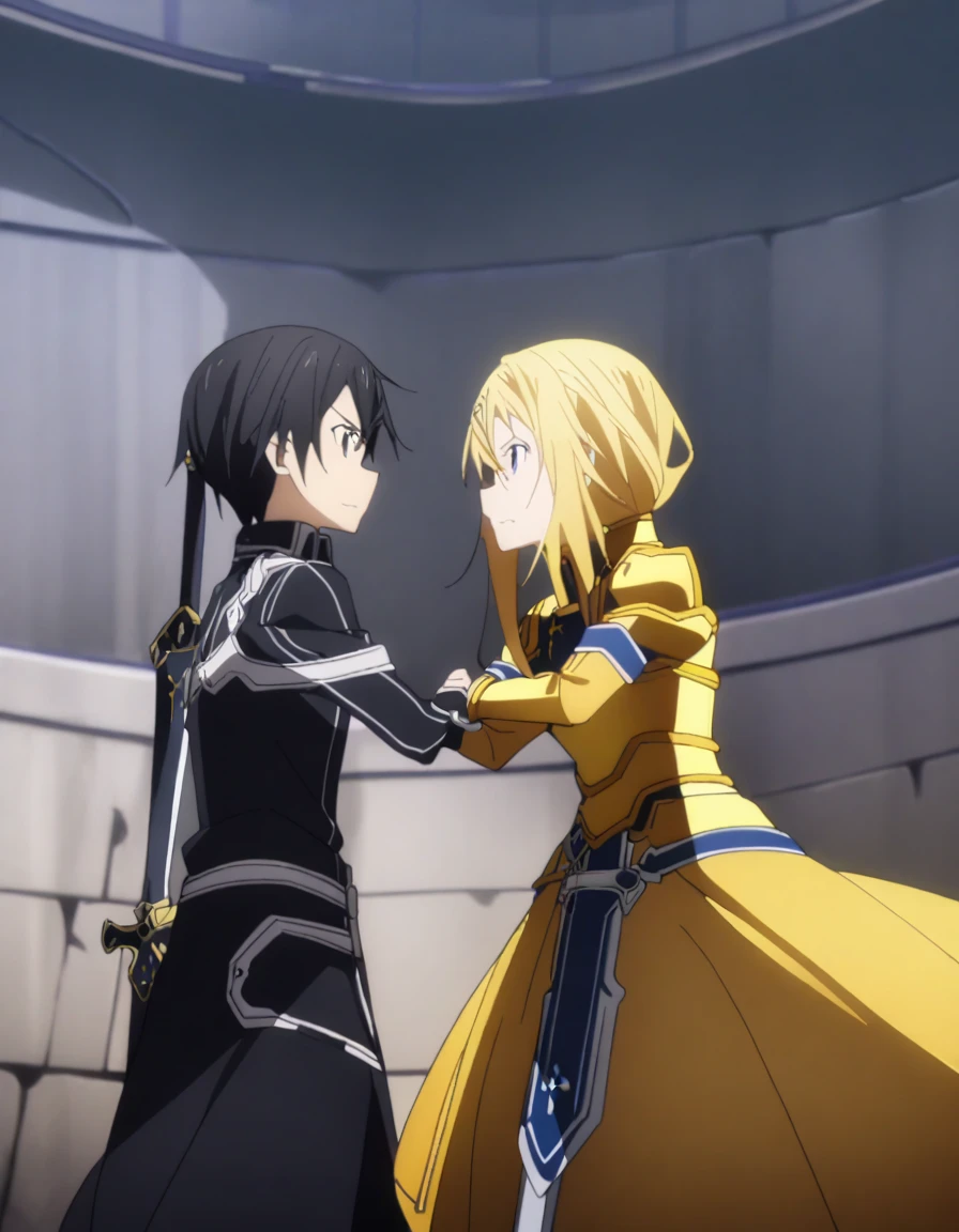 2 people fighting in a coliseum.        alice, Knight, sword art online, alicization,  golden armor, Espada excalibur.           Kirito, knight, black armor, Black Sword. 