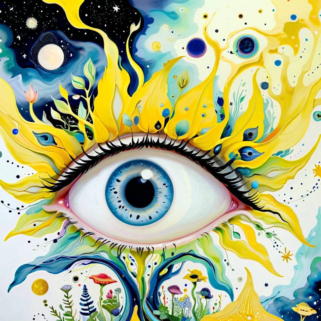 Psychedelic Art:Eye、iris、fish、Tentacles、bird、Eye、diatom,Abstract mosaic painting,Describing the inner world of autistic people,Sense of space,White Space,interesting,Innocence,Psychedelic Art,Orange overall