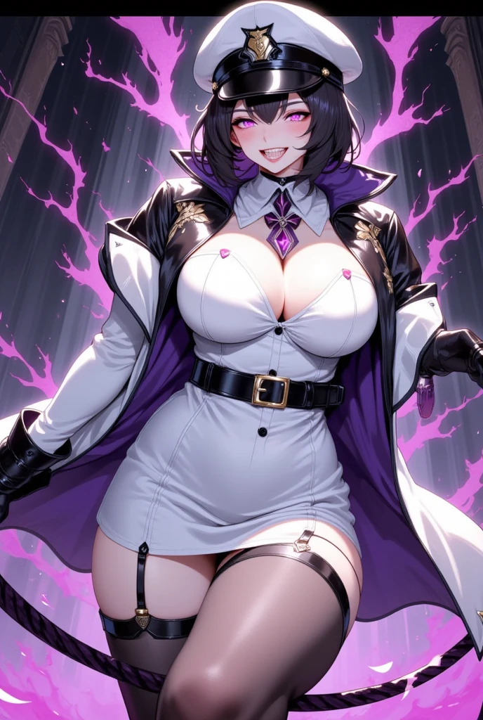   latex bodysuit for beautiful mature women  ,(  best quality,  very detailed depiction ,  unbelievably strange high definition ,  Beastly Sharp Teeth  ,Curvy Legs, High quality anime drawings:2.0),(Female executive of an evil organization:2.3),(white latex military uniform  :1.5, white military uniform with intricate construction :2.0,  tight miniskirt pointing to the viewer:1.5, Military hat, Military cloak,Costume Mask,  leather knee-high boots ,  Long Grove  ,Leather Choker,White tights),  eyeshadow ,(Glowing purple eyes,Crazy Eyes:2.0, half closed :2.0,  Big Breasts , wicked smile:2.3,Shiny purple lips,Shadowy Face, enchanting gesture ,  have a whip in their hands:2.0),whole body,  Open mouth , from below:2.0