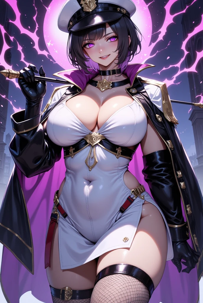   latex bodysuit for beautiful mature women  ,(  best quality,  very detailed depiction ,  unbelievably strange high definition ,  Beastly Sharp Teeth  ,Curvy Legs, High quality anime drawings:2.0),(Female executive of an evil organization:2.3),(white latex military uniform  :1.5, white military uniform with intricate construction :2.0,  tight miniskirt pointing to the viewer:1.5, Military hat, Military cloak,Costume Mask,  leather knee-high boots ,  Long Grove  ,Leather Choker,White tights),  eyeshadow ,(Glowing purple eyes,Crazy Eyes:2.0, half closed :2.0,  Big Breasts , wicked smile:2.3,Shiny purple lips,Shadowy Face, enchanting gesture ,  have a whip in their hands:2.0),whole body,  Open mouth , from below:2.0