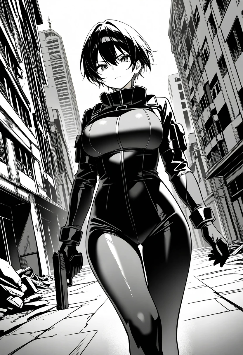 Highest quality, masterpiece, photograph, 4K, photographrealistic, Very detailed,
One girl riding a bike, Techwear, Cyberpunk City, alone, Futuristic, Huge moon in the background, Black and White, Akira Toriyama, close,
