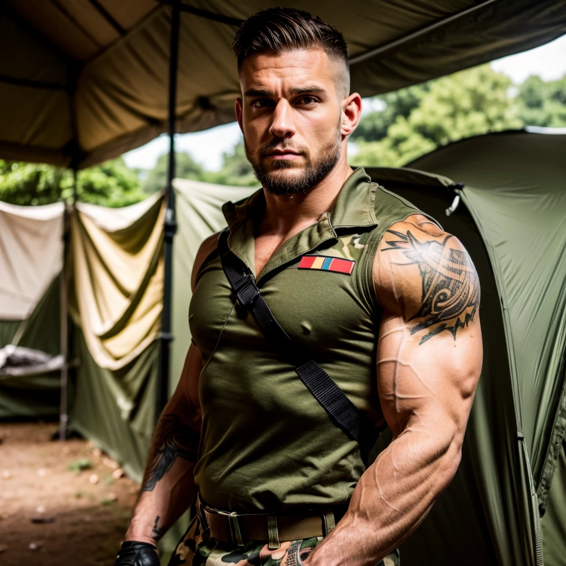 A lean and muscular 18-year-old male stands with an air of determined pride, clad in a rugged camouflage military uniform. His uniform is detailed with realistic patches of varying shades of green and brown, blending seamlessly with the war-torn jungle around him. His combat boots, reaching mid-calf, are scuffed and worn, showing signs of long marches and harsh battles. Dog tags dangle from his neck, clinking softly with each movement, a constant reminder of his duty and identity.
Around his waist, a tactical belt is securely fastened, laden with essential gear: extra ammunition pouches, a holstered sidearm, a canteen, and a small first aid kit. His short jet-black hair is neatly brushed back, exposing a pair of sharp, dark brown eyes that seem perpetually on alert, scanning the environment for any signs of danger. His tanned skin, evidence of countless hours spent under the relentless sun, glistens with a thin sheen of sweat.
A bandana, darkened with sweat and dirt, is tied firmly around his head, keeping stray hairs and sweat from his eyes. Hanging from his belt are a wrench and a flashlight, tools he uses not only in combat but also for quick repairs and survival tasks. On his left wrist, a sturdy wristwatch ticks away, marking the passage of time in this seemingly endless conflict.
Behind him, the dense Philippine jungle provides a chaotic backdrop of twisted trees, thick underbrush, and the distant sound of gunfire. The humid air is heavy with the smell of earth and gunpowder. Victor's presence amidst this scene is striking—an epitome of resilience and youthful determination, ready to defend his homeland against the encroaching forces.