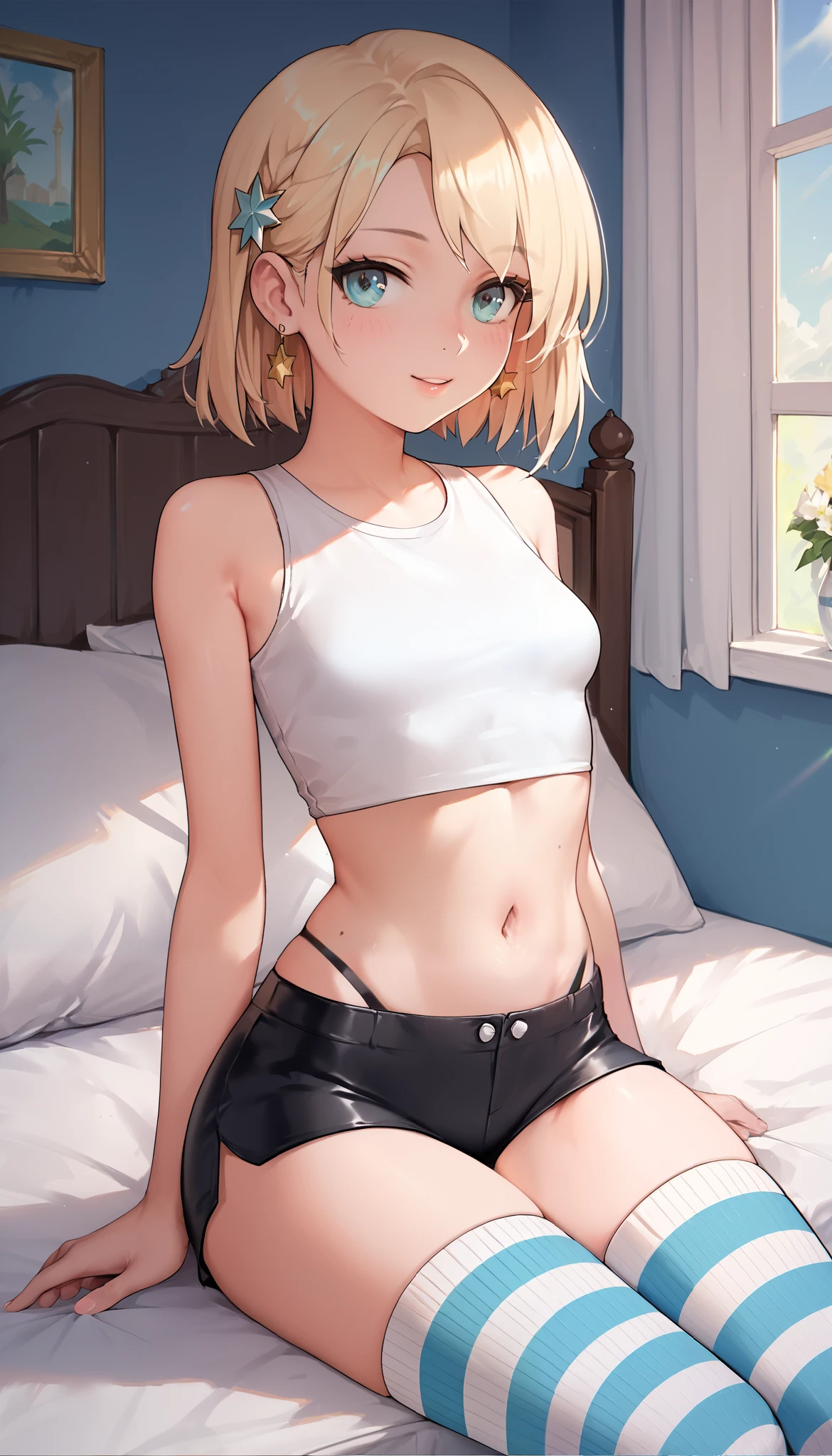 score_9, score_8_up, score_7_up, score_6_up, rating_safe, (masterpiece, best quality), 1girl, small breasts, small hips, crop top, spandex shorts, bedroom, striped thighhighs, pervert,