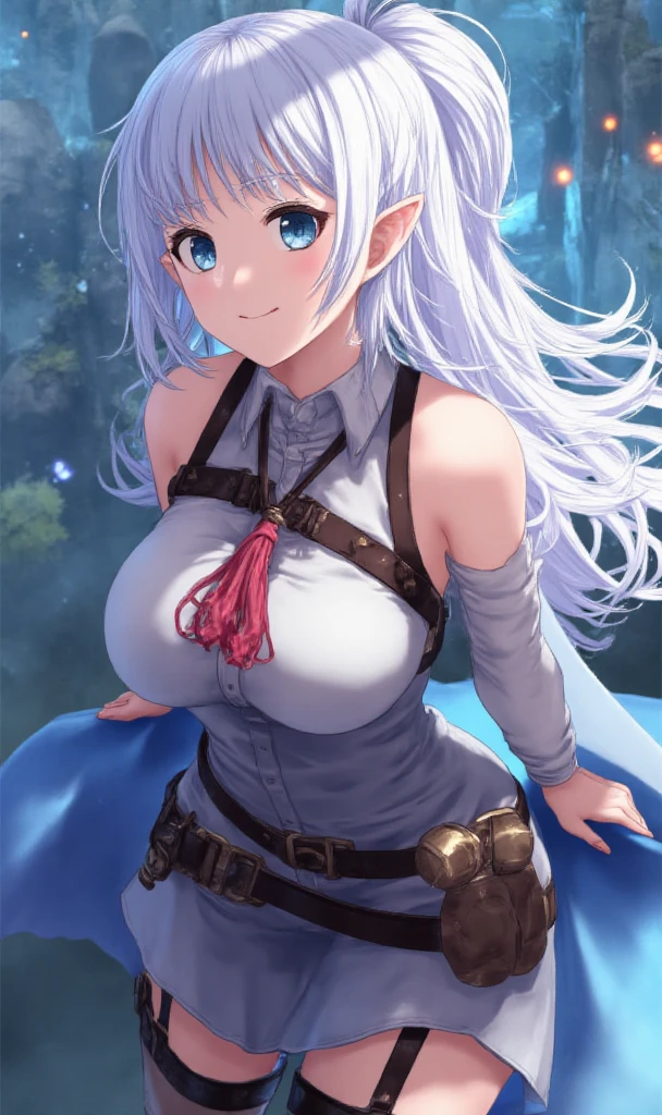 Anime - style image of a woman with long white hair and blue eyes ...
