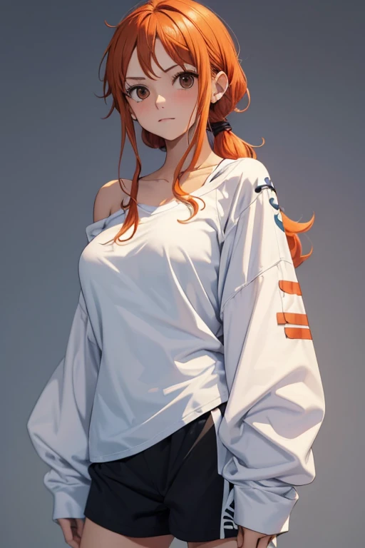 nami, white shirt, off-shoulder shirt, long sleeves, baggy sleeves, large sleeves, oversized sleeves, large breasts, cute, black gym shorts, super short gym shorts, dolphin shorts, low ponytail, cute, no background