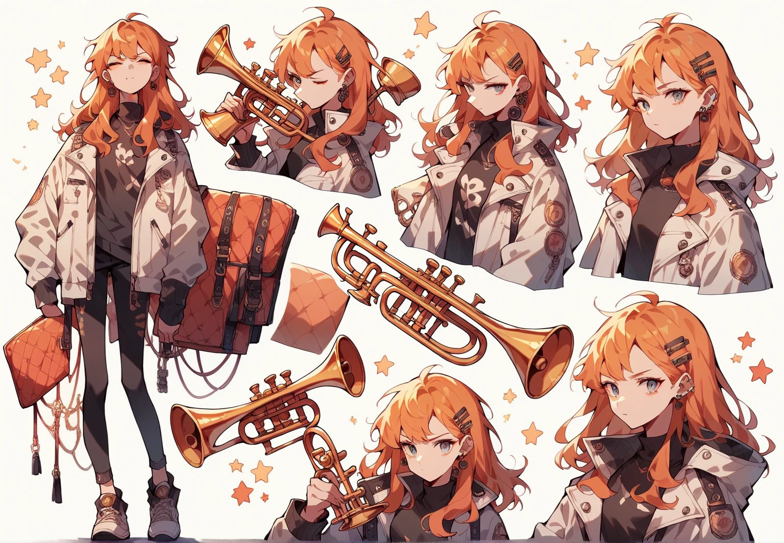 Fraction_9, Fraction_8_up, Fraction_7_up, Fraction_6_up,  cut3ch4r, 1 Girl, Multiple Views, jacket,  long hair, trumpet,  white background, Ginger hair