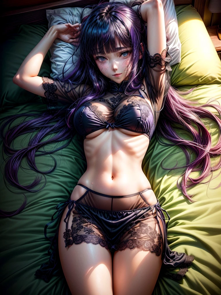 (Best Quality,High resolution,8K,finelity detailed background,Masterpiece:1.2),beautiful girl,Shiny purple hair,messy hair,Purple Eyes,Gentle look,A refreshing look,Best quality,Best Quality,Aesthetic and aesthetic:1.2,Best details((Super detailed))(High-definition CG illustrations),Purple underwear (purple,intricate lace),Slender body,Late Night,Moonlit Night,Bedroom,On the bed,smile,blush,cute,Scrounge,Looking up,Being spoiled,super model,wariza,shoot from above