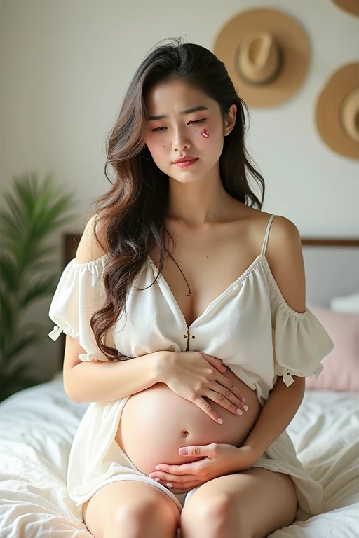 Highly detailed CG Unity 8k wallpaper, top quality, super detailed, masterpiece, realistic, photo realistic, very detailed cute girl, 25 years old, round eyes, viewer, semi body shot, put your hands on your stomach, pregnant woman, forehead , pajamas , sleeping