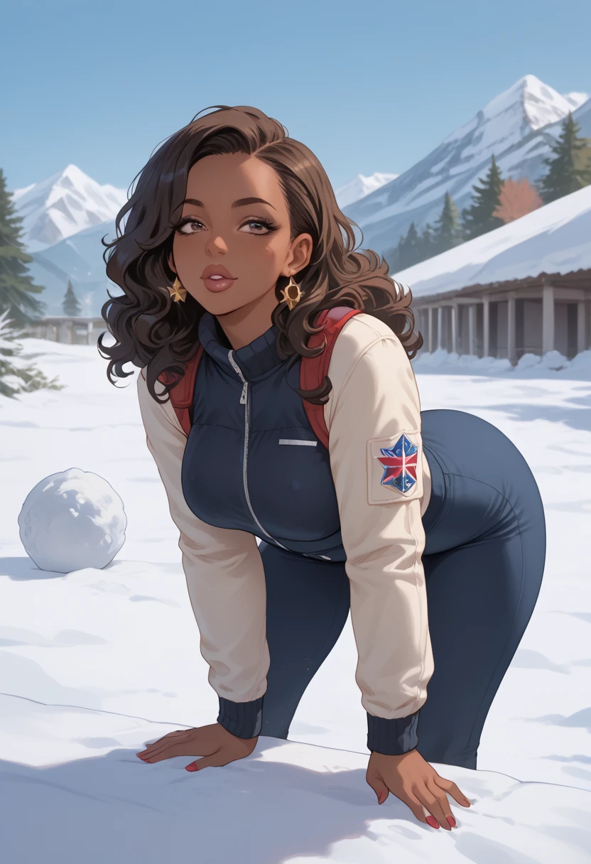 Almond-eyed Dark Mocha-skin tonned African-American woman with SHORT dark curly hair, juicy lips, and a large chest. She is bent over with her Breast in the Foreground while She is looking seductively  , she is wearing a snow suit and holding a snowball in her hand . 