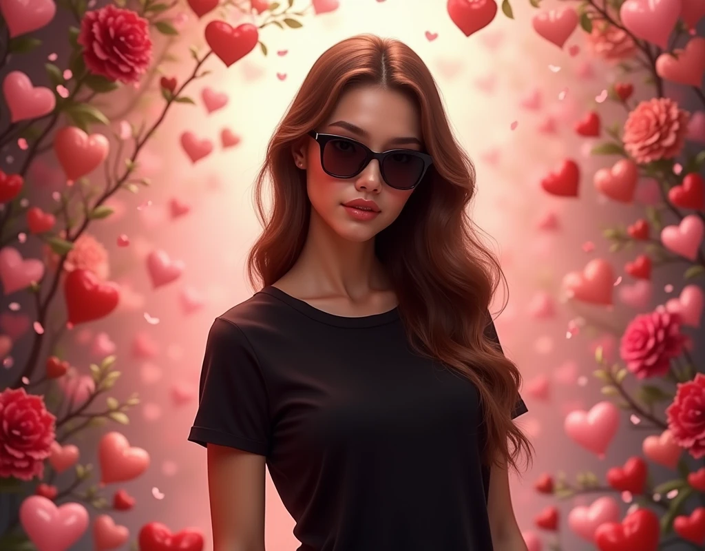 A Beautiful white american girl with wavy long black hair, wearing a bra and a biker short , holding a rose,standing by a bicycle a in cute and sexy way as if waiting for someone