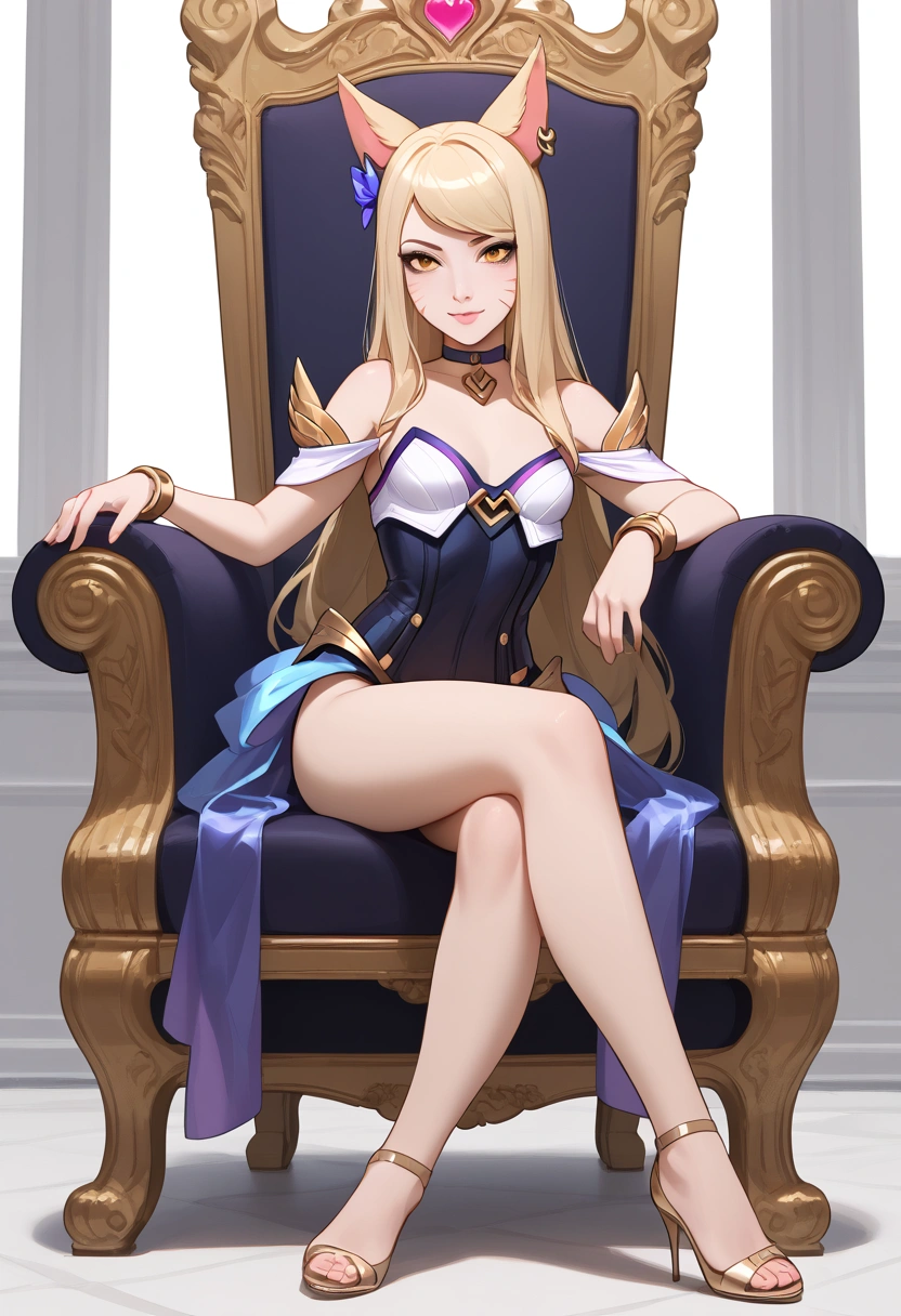 ((full body photo, standing, feet on the ground)) KDA Ahri LoL PD, masterpiece, best quality, (sitting on throne, legs crossed, showing feet, profile photo), highly detailed, score_9, score_8_up, score_7_up, score_6_up, anime font ,BREAK, 2girl, solo, long hair, blue eyes, flower, small breasts, bow, looking at viewer, freckles, parted lips, smile, full body, lips red, lips, leather ballet shoes, side photo, she looks at you, fishnets, white background, neutral cast
