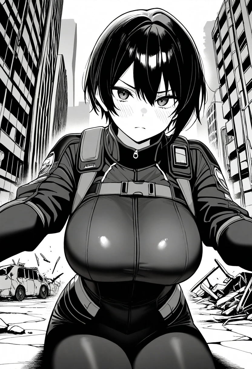 score_9,score_8_up,score_7_up,rating_safety,source_manga,masterpiece,best quality,hyper detailed,super fine illustration,8k,cinematic angle,monochrome,BREAK 1girl,30yo,black hair,short hair,middle breast,black bodysuits,battle jacket,BREAK holding_medicine,sitting on ground,BREAK crapped building,apocalypse city,detailed background,BREAK serious atmosphere,