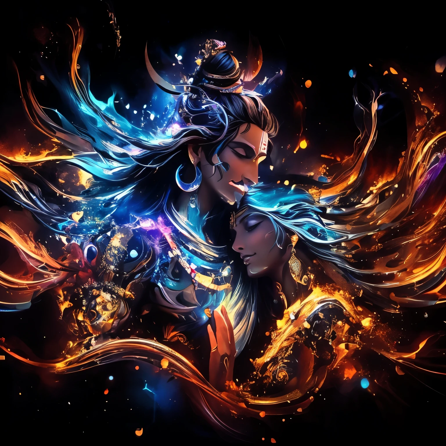 I am the last surrealist painting that exists on this planet, the last work of art that represents 2 hindu divine figures, 1god, 1goddess, Lord Shiva and Goddess Parvati embrace in a celestial pose, their perfect facial features glowing with smiles. Attired in semi-abstract ink art with cosmic elements, they are framed in a jet-black space. A vibrant energy bridge connects them, cosmic particles swirl dynamically. Cinematic, minimalist, 8K, dramatic lighting, trending on DeviantArt. The message I want to leave is that art once existed , real very real , 24k unique piece rule of thirds cinema lighting finishes like photoshop and colors of a work of art great depth of field difference of 3d planes.