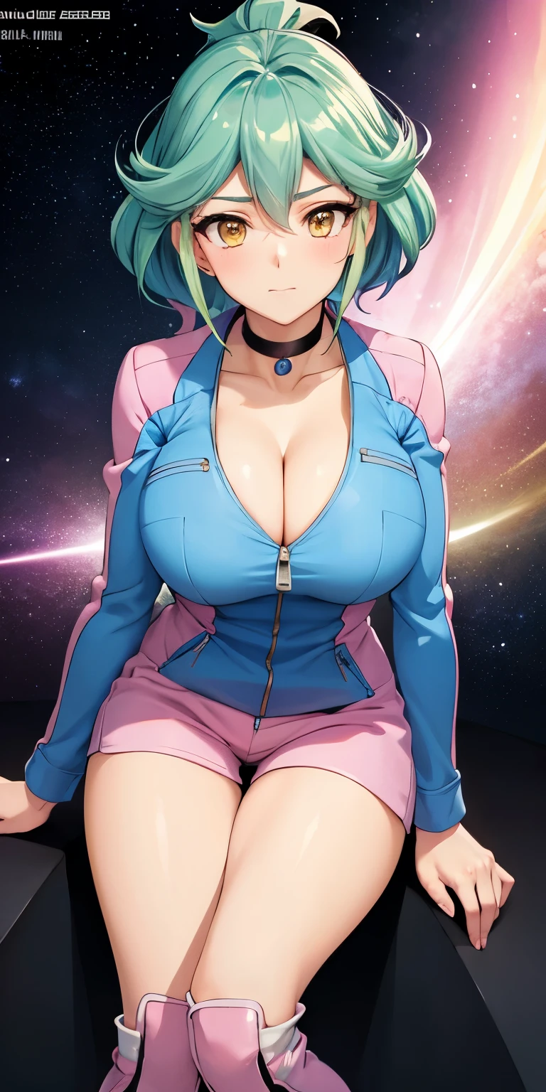 1 Female,High definition,high resolution,Ultra-realistic,8K, rin_arc_v,blue jacket,long sleeves,black choker,pink shorts,white thighs boots, multicolored hair,yellow eyes,European,sexy,Upper body close-up,Photographed from the front,Dynamic Angles,private teacher,blush, huge tits  , pretty  ,(pov , closed shot:1.3),cleavage