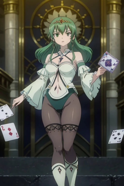 masterpiece, absurdres , (intricate details), (colorful),cinematic lighting,bust shot,extremely detailed CG unity 8k wallpaper,  hisuiefiore,floating hair, looking at viewer, a magic aura around her, magic wand, show, stage, green eyes, green hair, floating, dropping sleeves, cards, female magician leotard, magician hat, frills, long hair, brown boots, black pantyhose, purple outfits