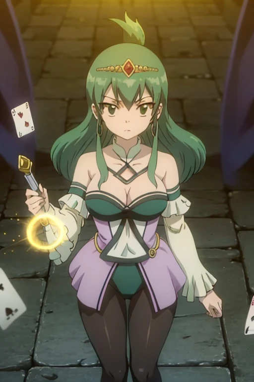 masterpiece, absurdres , (intricate details), (colorful),cinematic lighting,bust shot,extremely detailed CG unity 8k wallpaper,  hisuiefiore,floating hair, looking at viewer, a magic aura around her, magic wand, show, stage, green eyes, green hair, floating, dropping sleeves, cards, female magician leotard, magician hat, frills, long hair, brown boots, black pantyhose, purple outfits