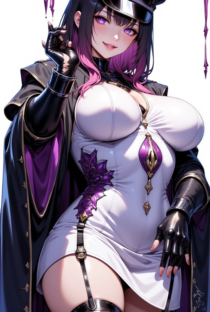   latex bodysuit for beautiful mature women , (  best quality,  very detailed depiction ,  unbelievably strange high definition ,  Jagged Teeth Like a Shark , Manga Big Mouth , wicked smile:2.3, Grin,  Comical BREAK Kirby Legs, High quality anime drawings:2.0), (Female executive of an evil organization:2.3), (white latex military uniform  :1.5, white military uniform with intricate construction :2.0,  tight miniskirt pointing to the viewer:1.5, Military hat, Military cloak,Costume Mask,  leather knee-high boots ,  Long Grove  ,Leather Choker,White tights),  eyeshadow , (Glowing purple eyes,Crazy Eyes:2.0, half closed :2.0,  Big Breasts , Shiny purple lips,Shadowy Face,  enchanting gesture ,  have a whip in their hands:2.0), whole body