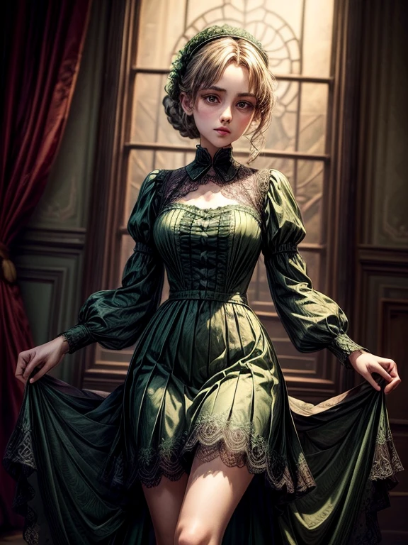 Young, a slender beautiful girl stands in the hallway of a Victorian mansion. brown-haired, Her hair is pulled back in a low bun, tricky glance, large green eyes, Pointed nose, plump lips. She's wearing a silk brown dress with a modest neckline. looks straight
